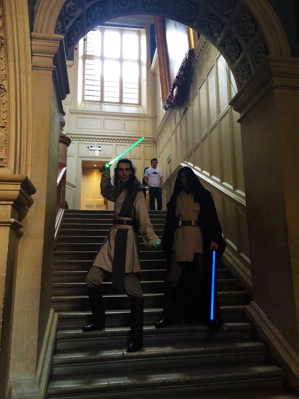 Drew photo bombs Star Wars Jedi cosplay at OxCon Oxford 2016 Comic Con WhoBackWhen