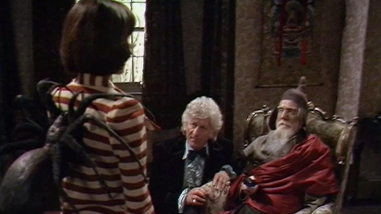 pertwee-third-doc-and-his-time-lord-teacher-as-buddhist-monk-eight-legs-spider-on-sarah-jane-smith-planet-of-the-spiders-doctor-who-back-when